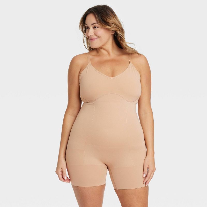 slide 1 of 4, Women's Medium Shaping Seamless Mid-Thigh Bodysuit - Auden™ Pearl Tan XXL: Nylon Spandex Blend, Medium Compression, Tummy Slimming, 1 ct