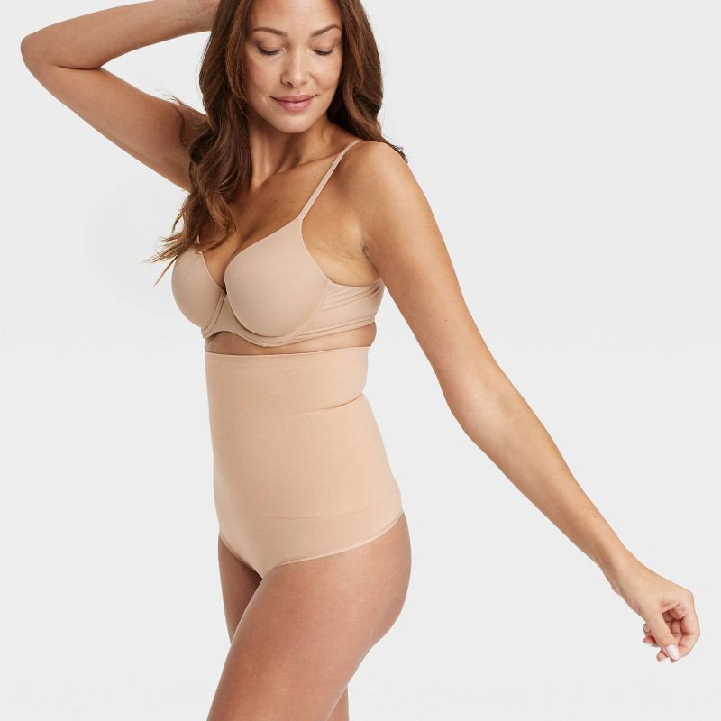 slide 3 of 5, Women's Medium Shaping Seamless High-Waist Thong - Auden™ Pearl Tan M: Medium Compression, Tummy Slimming, 1 ct