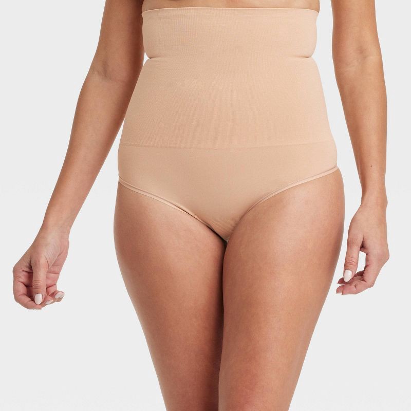 slide 1 of 5, Women's Medium Shaping Seamless High-Waist Thong - Auden™ Pearl Tan XL: Nylon Spandex Knit Control Panties, 1 ct