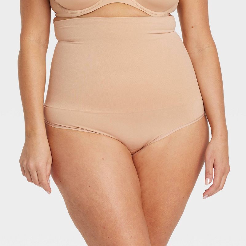 slide 1 of 3, Women's Medium Shaping Seamless High-Waist Thong - Auden™ Pearl Tan XXL: Nylon Spandex Knit Control Panties, 1 ct