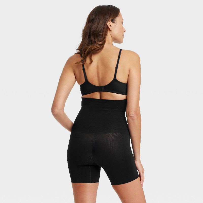 slide 2 of 5, Women's Medium Shaping Mid-Thigh Waist Shorts - Auden™ Black XS: Seamless, Nylon-Spandex Blend, Tummy & Thigh Slimming, 1 ct