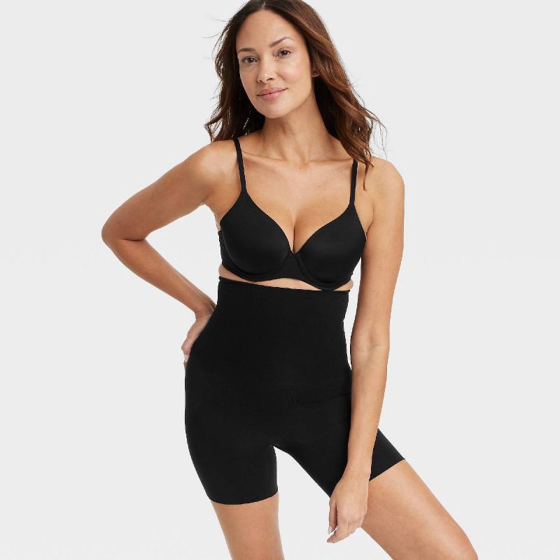 slide 3 of 5, Women's Medium Shaping Mid-Thigh Waist Shorts - Auden™ Black XS: Seamless, Nylon-Spandex Blend, Tummy & Thigh Slimming, 1 ct