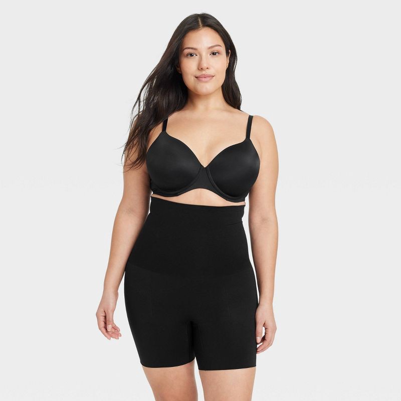 slide 4 of 5, Women's Medium Shaping Mid-Thigh Waist Shorts - Auden™ Black XS: Seamless, Nylon-Spandex Blend, Tummy & Thigh Slimming, 1 ct