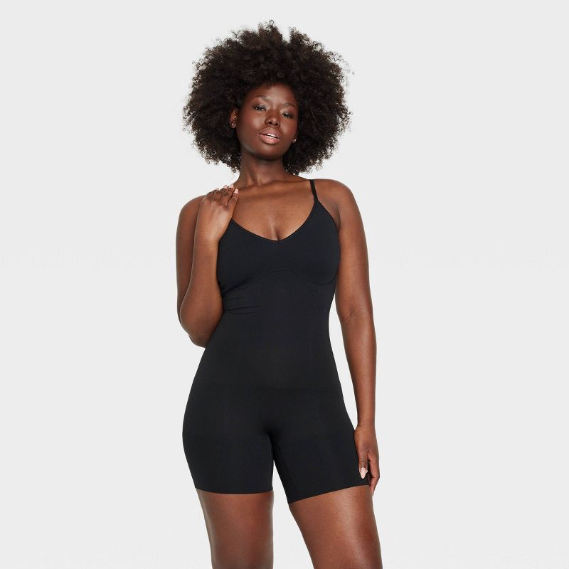 slide 4 of 6, Women's Medium Shaping Seamless Mid-Thigh Bodysuit - Auden™ Black L: Nylon-Spandex Blend, Medium Compression, Tummy & Thigh Slimming, 1 ct