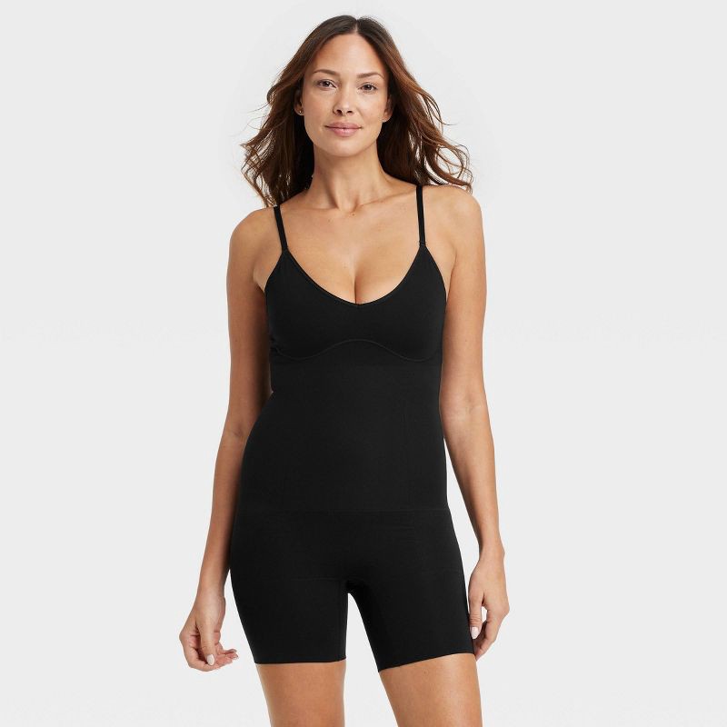 slide 1 of 6, Women's Medium Shaping Seamless Mid-Thigh Bodysuit - Auden™ Black XL: Nylon Spandex Knit, Medium Compression, 1 ct