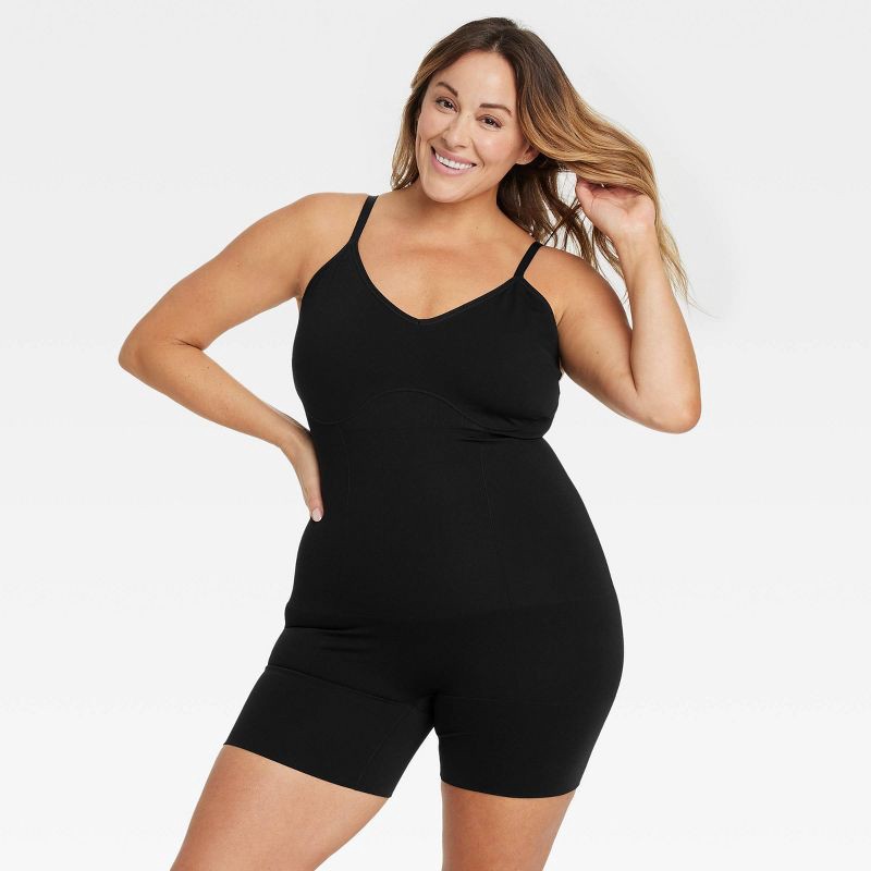 slide 1 of 4, Women's Medium Shaping Seamless Mid-Thigh Bodysuit - Auden™ Black XXL: Nylon Spandex Blend, Medium Compression, Tummy Slimming, 1 ct