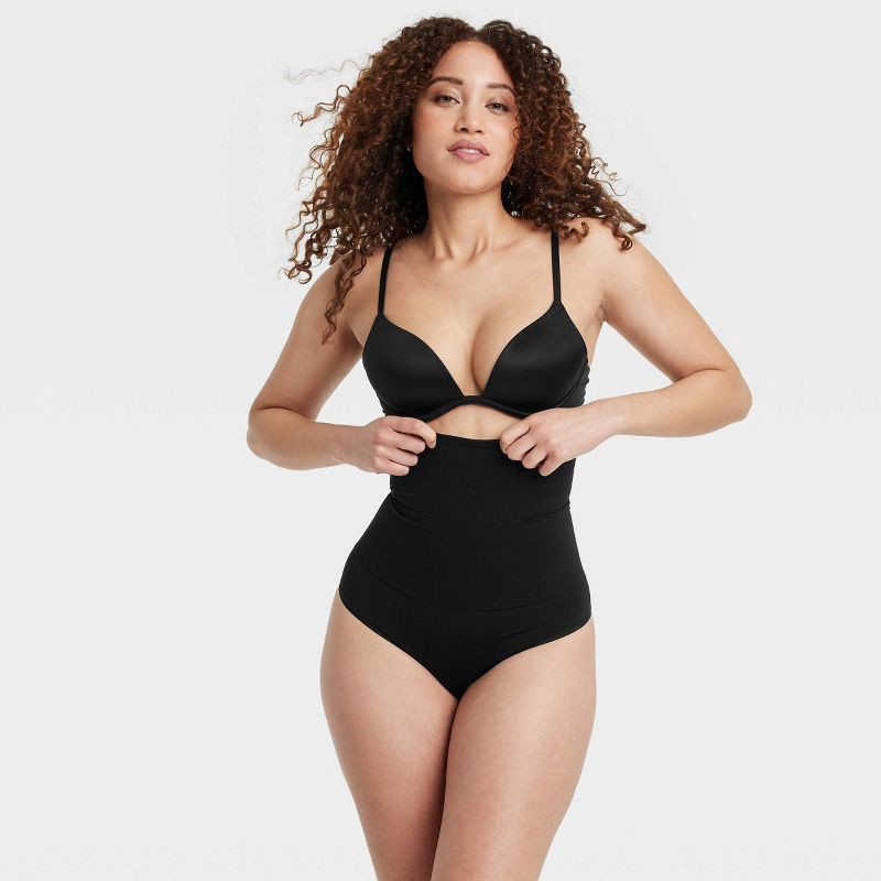 slide 3 of 5, Women's Medium Shaping Seamless High-Waist Thong - Auden™ Black XS: Nylon & Spandex, Medium Compression, Tummy Slimming, 1 ct