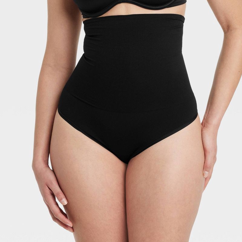slide 1 of 5, Women's Medium Shaping Seamless High-Waist Thong - Auden™ Black XS: Nylon & Spandex, Medium Compression, Tummy Slimming, 1 ct