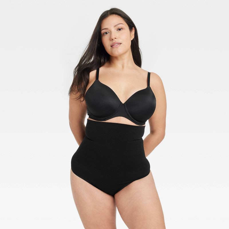 slide 4 of 5, Women's Medium Shaping Seamless High-Waist Thong - Auden™ Black L: Nylon-Spandex Blend, Medium Compression, Tummy Slimming, 1 ct