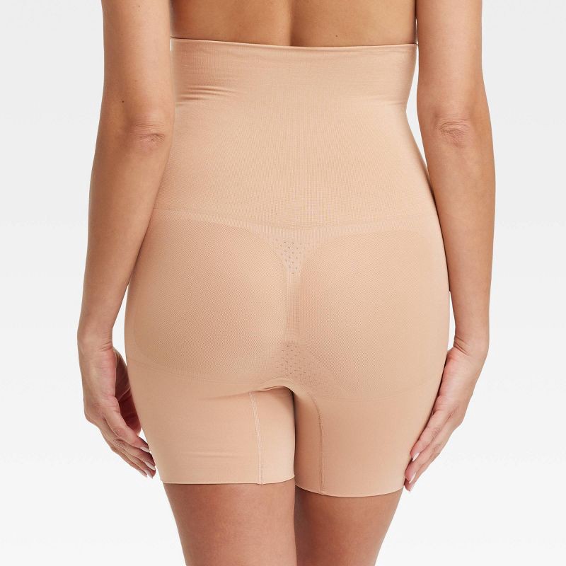 slide 2 of 5, Women's Medium Shaping Mid-Thigh Waist Shorts - Auden™ Pearl Tan XS: Nylon Spandex Blend, Seamless, Tummy & Thigh Slimming, 1 ct