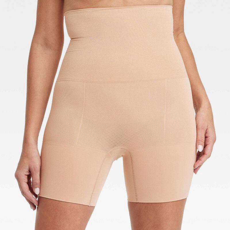 slide 1 of 5, Women's Medium Shaping Mid-Thigh Waist Shorts - Auden™ Pearl Tan XS: Nylon Spandex Blend, Seamless, Tummy & Thigh Slimming, 1 ct