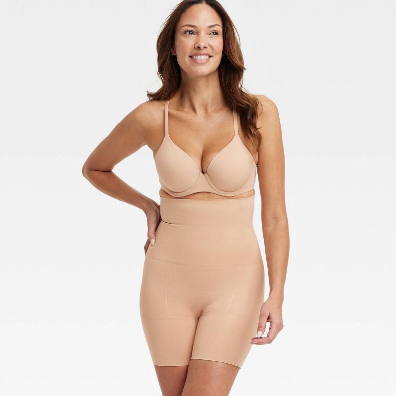 slide 3 of 5, Women's Medium Shaping Mid-Thigh Waist Shorts - Auden™ Pearl Tan S: Nylon Spandex Blend, Seamless, Tummy & Thigh Slimming, 1 ct