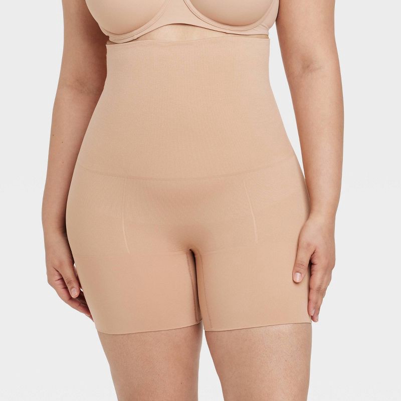 slide 4 of 5, Women's Medium Shaping Mid-Thigh Waist Shorts - Auden™ Pearl Tan S: Nylon Spandex Blend, Seamless, Tummy & Thigh Slimming, 1 ct