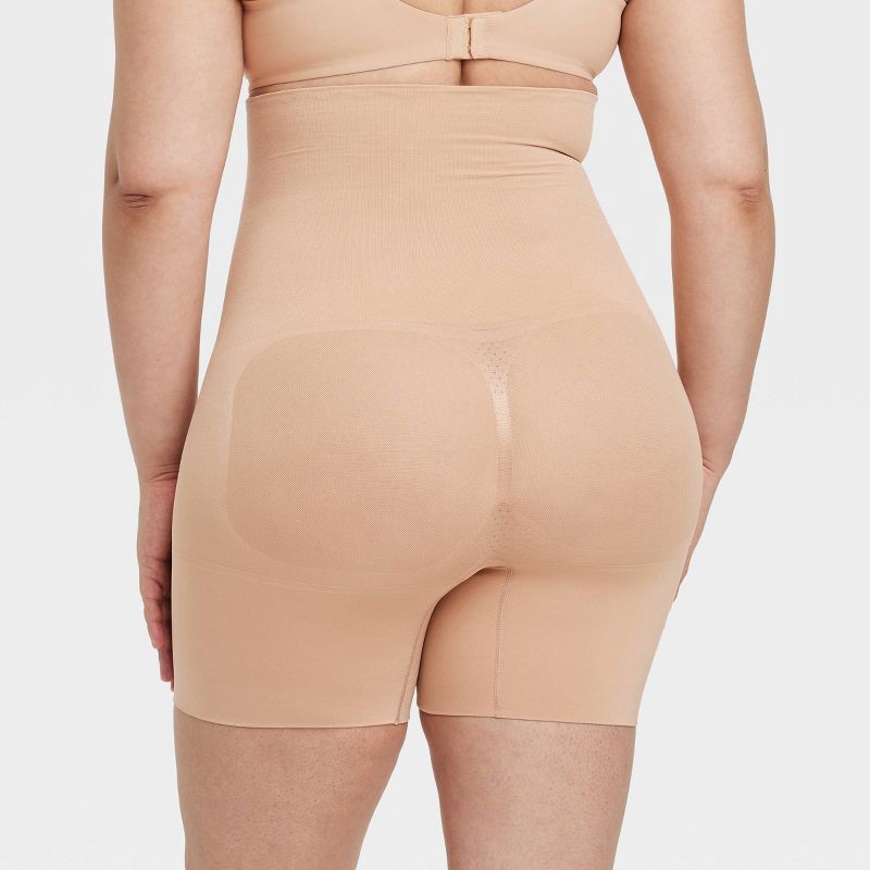 slide 5 of 5, Women's Medium Shaping Mid-Thigh Waist Shorts - Auden™ Pearl Tan L: Nylon Spandex Blend, Seamless, Tummy Slimming, 1 ct