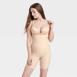 Women's Firm Sculpting Mid-Thigh Bodysuit - Auden™ Soft Beige L: Nylon Spandex Knit Shapewear