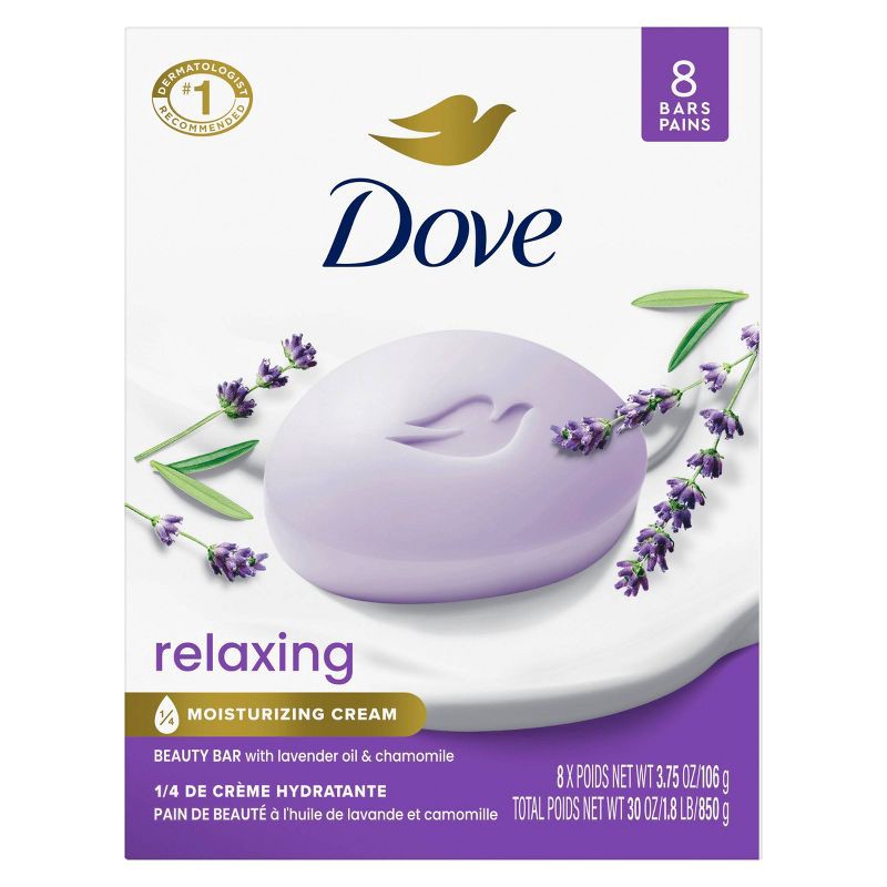 slide 2 of 10, Dove Beauty Relaxing Bar Soaps - Lavender Oil & Chamomile - 30oz/8pk, 30 oz, 8 ct