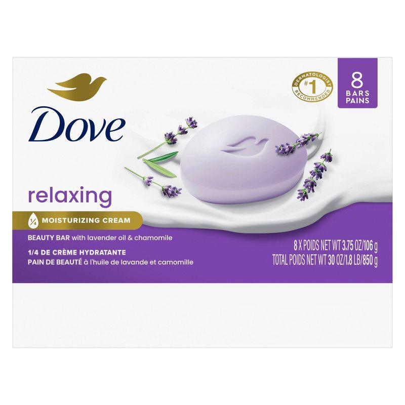 slide 1 of 10, Dove Beauty Relaxing Bar Soaps - Lavender Oil & Chamomile - 30oz/8pk, 30 oz, 8 ct