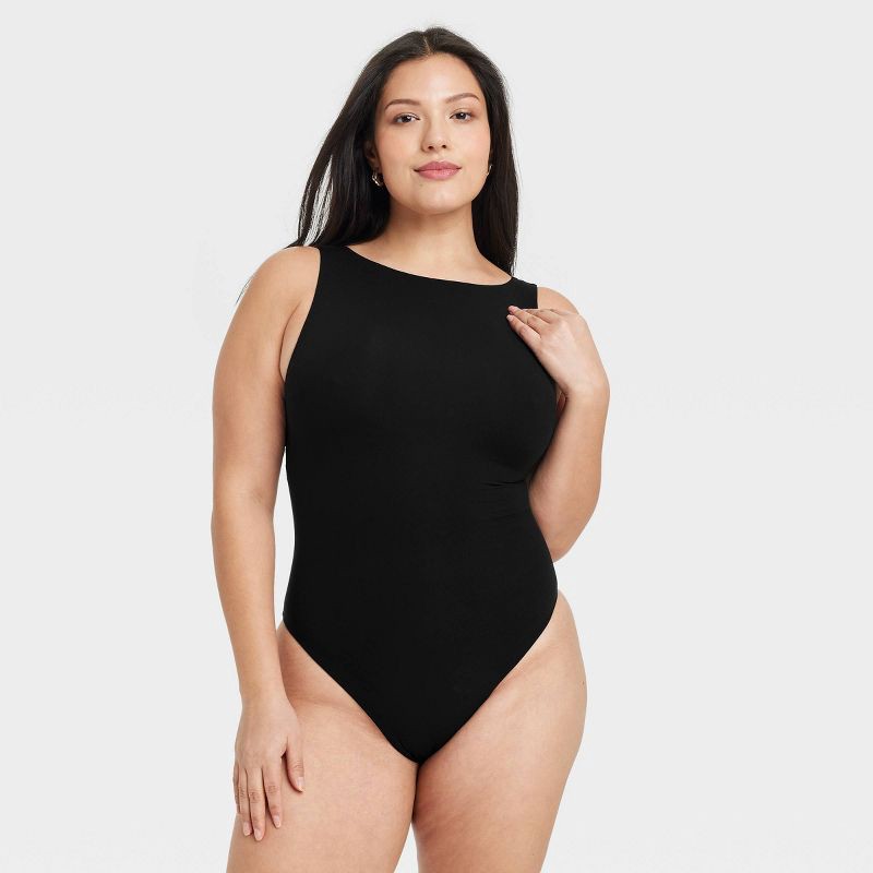 slide 4 of 5, Women's Luxe Stretch Boatneck Thong Bodysuit - Auden™ Black L: Nylon Spandex Knit, Cotton Gusset, Pullover, 1 ct