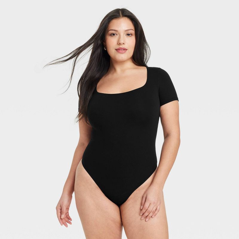 slide 4 of 5, Women's Luxe Stretch Square Neck Thong Bodysuit - Auden™ Black S: Nylon Spandex Knit, Cotton Gusset, Pullover, 1 ct