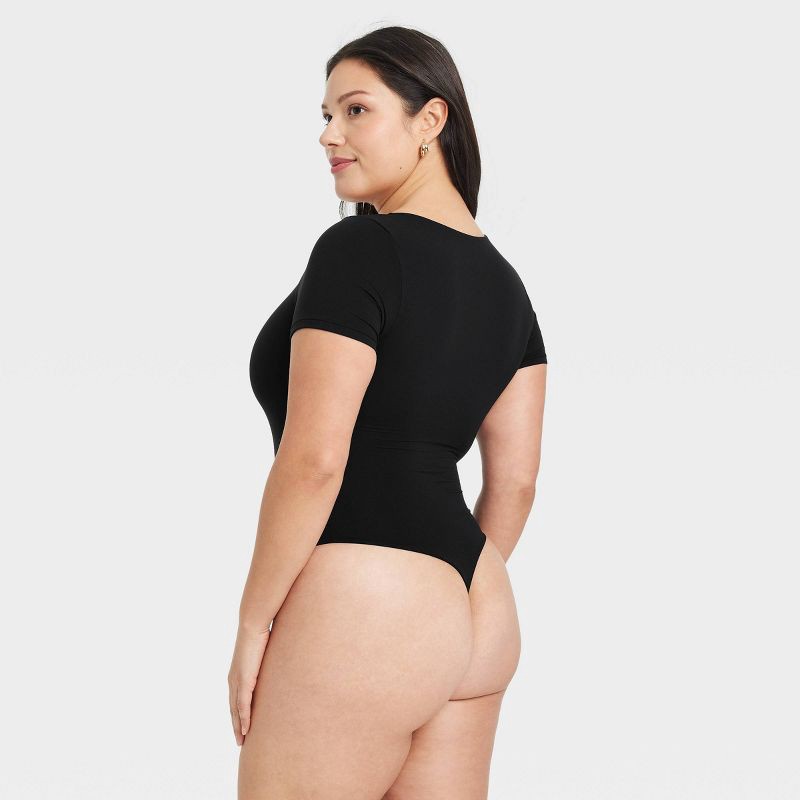 slide 5 of 5, Women's Luxe Stretch Square Neck Thong Bodysuit - Auden™ Black S: Nylon Spandex Knit, Cotton Gusset, Pullover, 1 ct