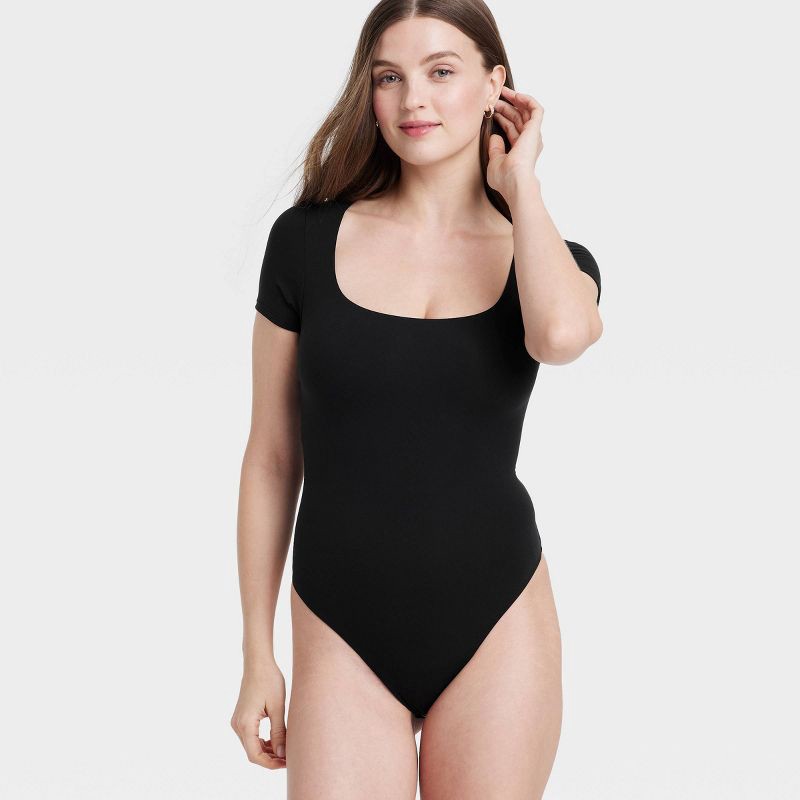 slide 1 of 5, Women's Luxe Stretch Square Neck Thong Bodysuit - Auden™ Black S: Nylon Spandex Knit, Cotton Gusset, Pullover, 1 ct