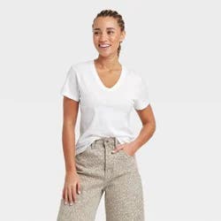 Women's Short Sleeve V-Neck T-Shirt - Universal Thread™ White S: Relaxed Fit, Pullover, Jersey Fabric