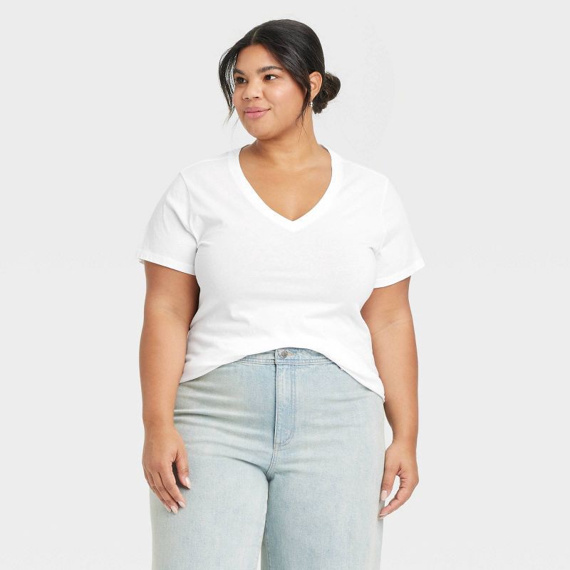 slide 1 of 4, Women's Short Sleeve V Neck T-Shirt - Universal Thread™ White XXL: Relaxed Fit, Pullover, Jersey Fabric, 1 ct