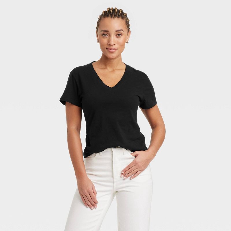 slide 1 of 4, Women's Short Sleeve V-Neck T-Shirt - Universal Thread™ Black XS: Relaxed Fit, Pullover, Jersey, Machine Washable, 1 ct