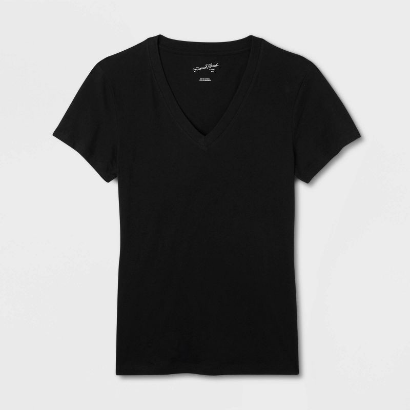 slide 4 of 4, Women's Short Sleeve V-Neck T-Shirt - Universal Thread™ Black M: Relaxed Fit, Jersey, Pullover, At Hip, 1 ct