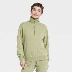 Women's Leisure Studio Quarter Zip Pullover Sweatshirt - Universal Thread™ Light Olive XS: Knit Fleece, Midweight
