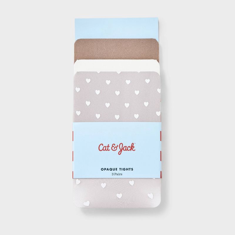 slide 2 of 3, Baby Girls' 3pk 'Hearts' Tights - Cat & Jack™ Gray/Ivory/Taupe 0-6M: High Waisted, Knit, Opaque, Elastic Waistband, 3 ct