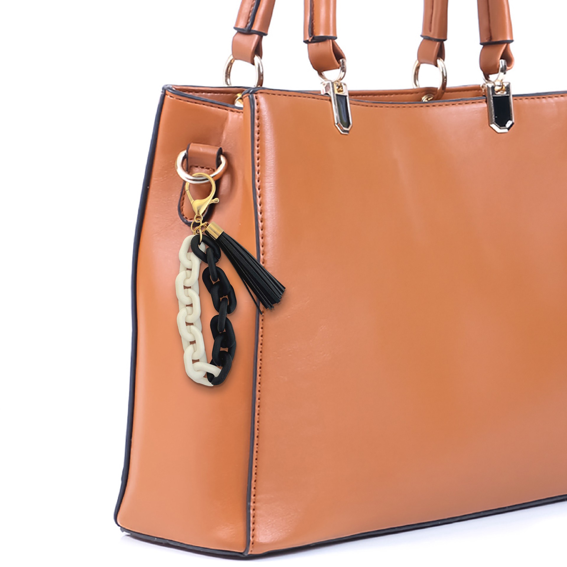 slide 2 of 3, Blue Moon Studio Black & White Chain Link Bag Charm With Tassel, 8.2 in