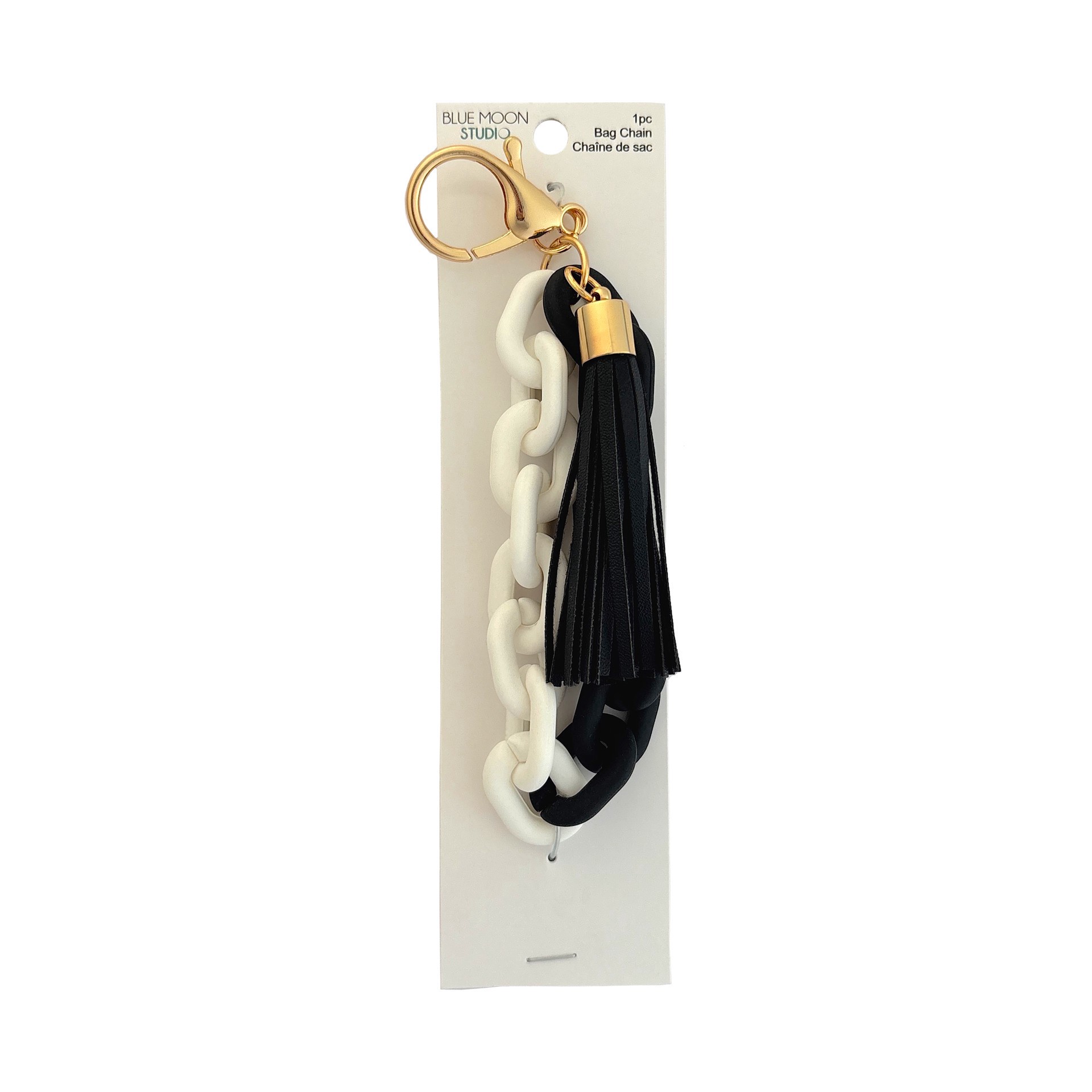 slide 3 of 3, Blue Moon Studio Black & White Chain Link Bag Charm With Tassel, 8.2 in