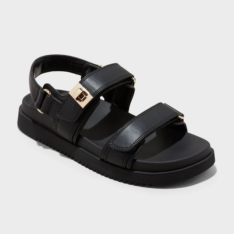 slide 1 of 4, Women's Jonie Footbed Sandals - A New Day™ Black 6: Open Toe, Faux Leather, Hook and Loop Closure, 1 ct