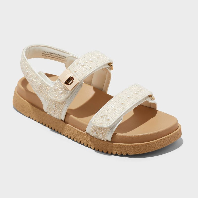 slide 1 of 4, Women's Jonie Footbed Sandals - A New Day™ Ivory 7: Open Toe, Hook and Loop Closure, Contoured Footbed, Textured Outsole, 1 ct