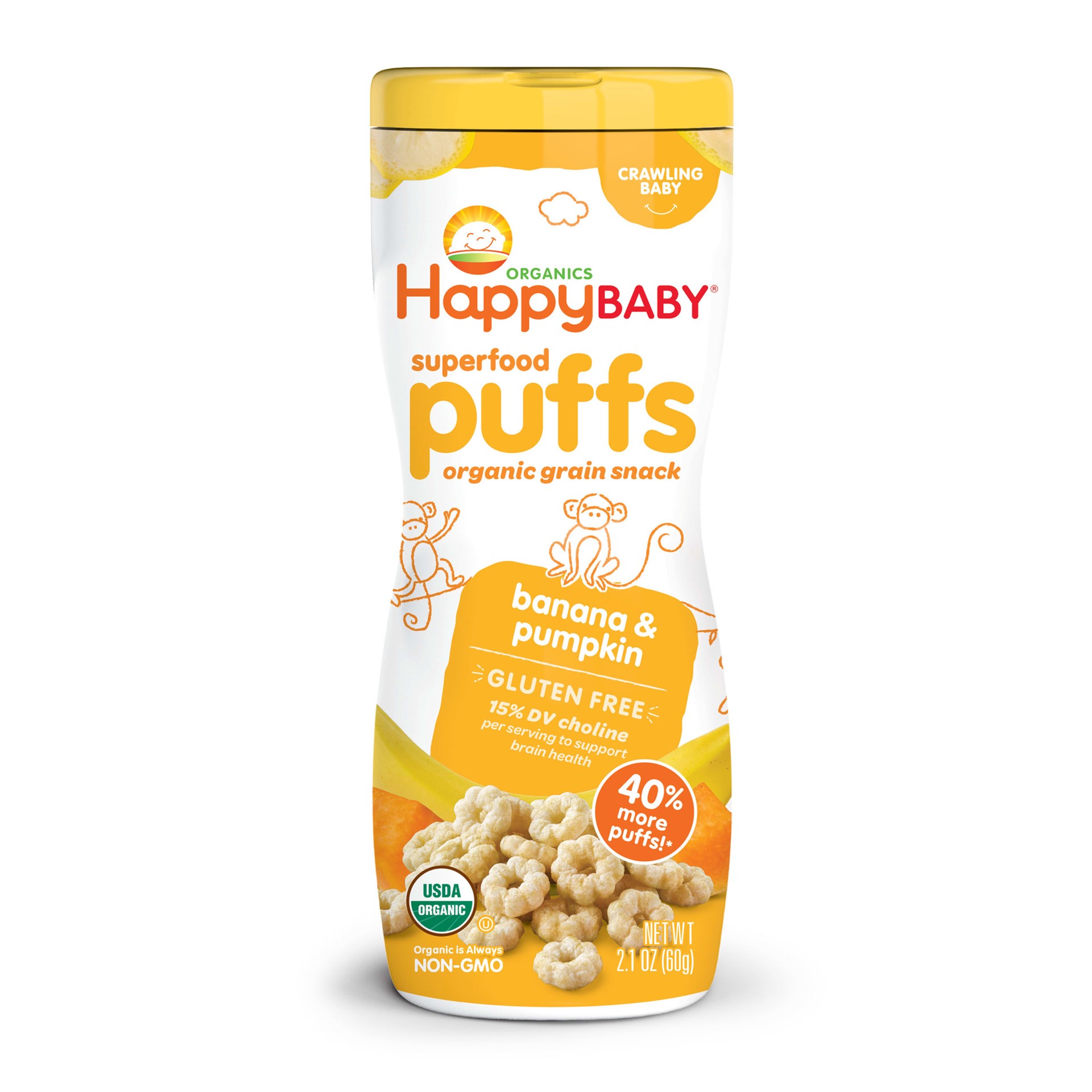 slide 1 of 6, Happy Baby Organics Gluten Free Superfood Puffs Organic Grain Snack Banana & Pumpkin 2.1 oz UNIT, 2.1 oz