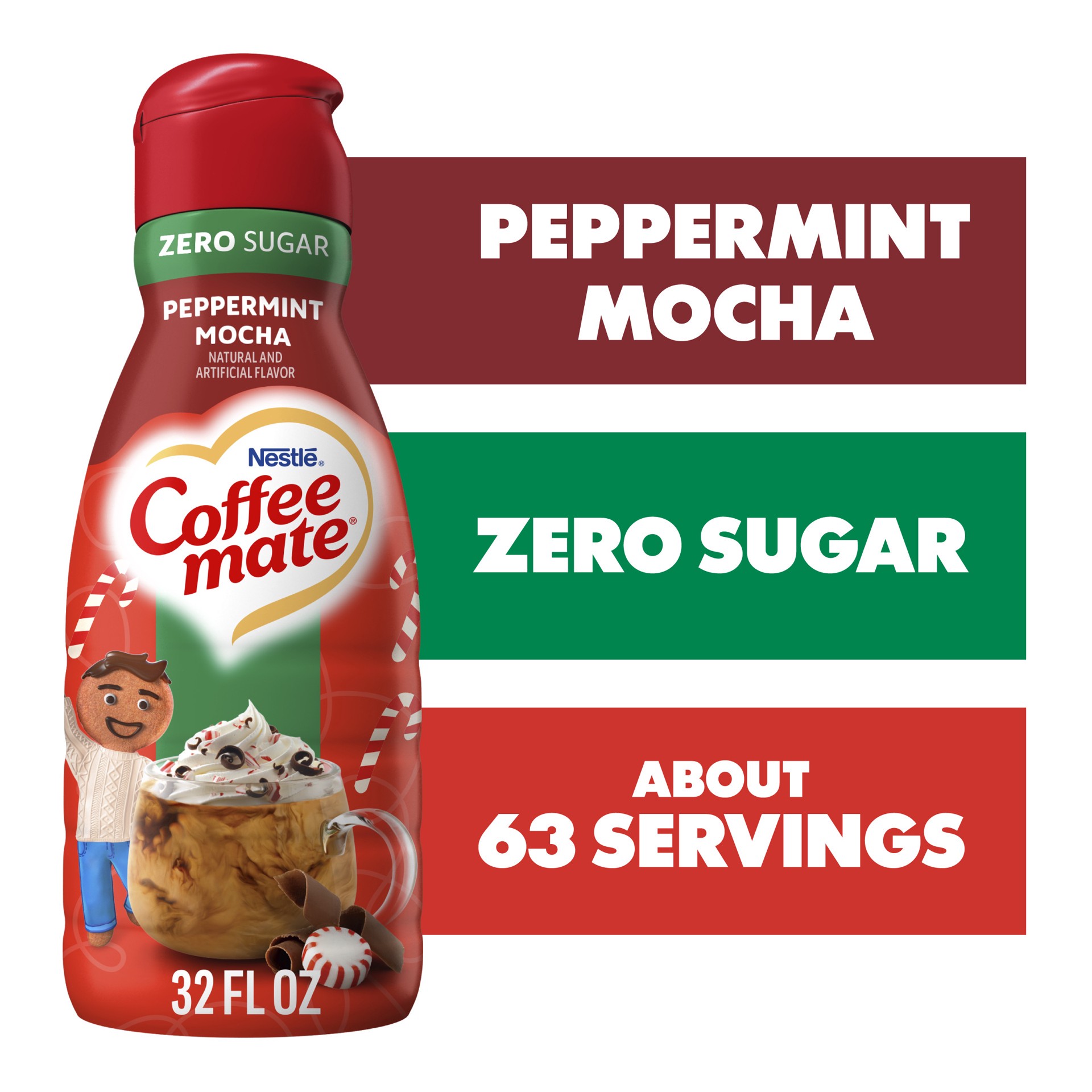 slide 1 of 7, Coffee mate Peppermint Mocha Flavored Coffee Creamer, Zero Sugar, Gluten-Free, 63 Servings, 32 oz