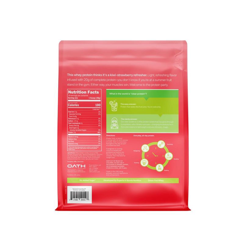slide 2 of 7, Oath Nutrition Clear Protein Powder - Kiwi Strawberry - 18 Servings: Whey Isolate, 20g Protein, 18 servings, 20 gram