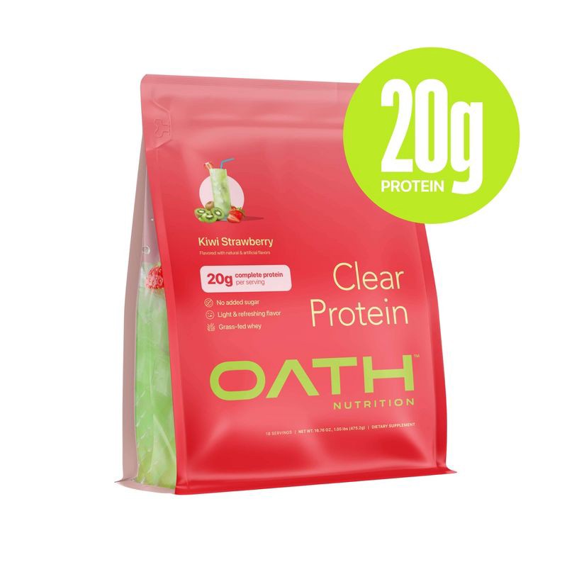 slide 4 of 7, Oath Nutrition Clear Protein Powder - Kiwi Strawberry - 18 Servings: Whey Isolate, 20g Protein, 18 servings, 20 gram