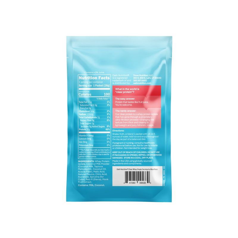 slide 2 of 3, Oath Nutrition Single Serve Clear Protein Powder - Icy Blue Raspberry 0.9oz: Gluten-Free Whey Isolate, 20g Protein, 0.9 oz, 20 gram