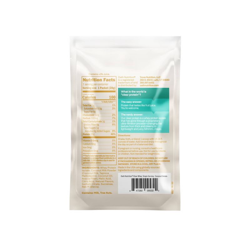 slide 2 of 3, Oath Nutrition Single Serve Clear Protein Powder - Coconut Colada: Gluten-Free Whey Isolate, 1 ct