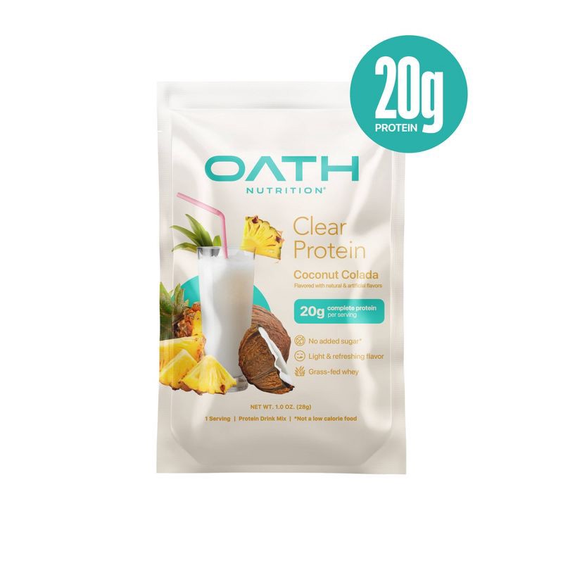 slide 1 of 3, Oath Nutrition Single Serve Clear Protein Powder - Coconut Colada: Gluten-Free Whey Isolate, 1 ct