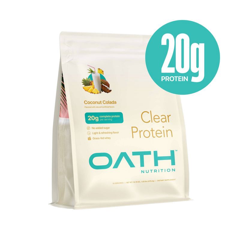 slide 5 of 7, Oath Nutrition 18 Servings Clear Protein Powder - Coconut Colada: Gluten-Free Whey Isolate, 18 servings