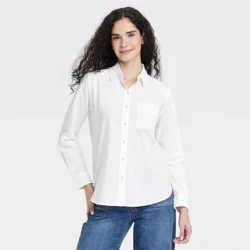 Women's Long Sleeve Collared Neck Button-Down Shirt - Universal Thread™ White M: Relaxed Fit, Front Placket, Patch Pocket