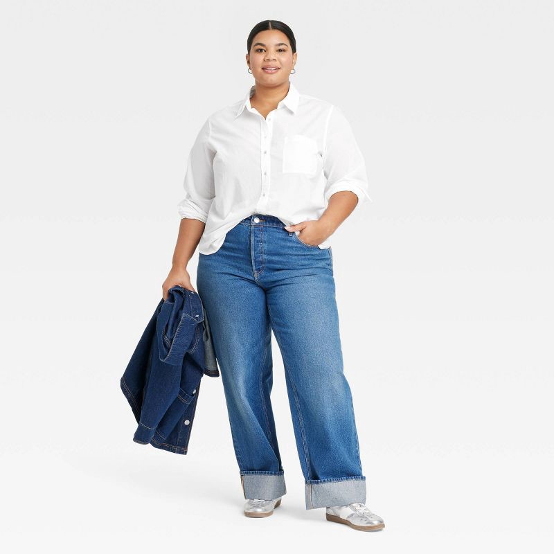 slide 3 of 3, Women's Long Sleeve Collared Neck Button-Down Shirt - Universal Thread™ White XXL: Relaxed Fit, Patch Pocket, Voile, 1 ct