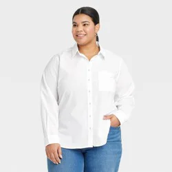 Women's Long Sleeve Collared Neck Button-Down Shirt - Universal Thread™ White XXL: Relaxed Fit, Patch Pocket, Voile