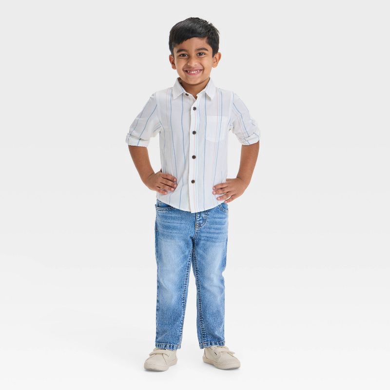 slide 3 of 3, Toddler Boys' Button-Front Straight Leg Denim Pants - Cat & Jack™ Medium Wash 2T: Adjustable Waist, Mid-Rise, 1 ct