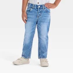 Toddler Boys' Button-Front Straight Leg Denim Pants - Cat & Jack™ Medium Wash 3T: Cotton Blend, Adjustable Waistband, Mid-Rise