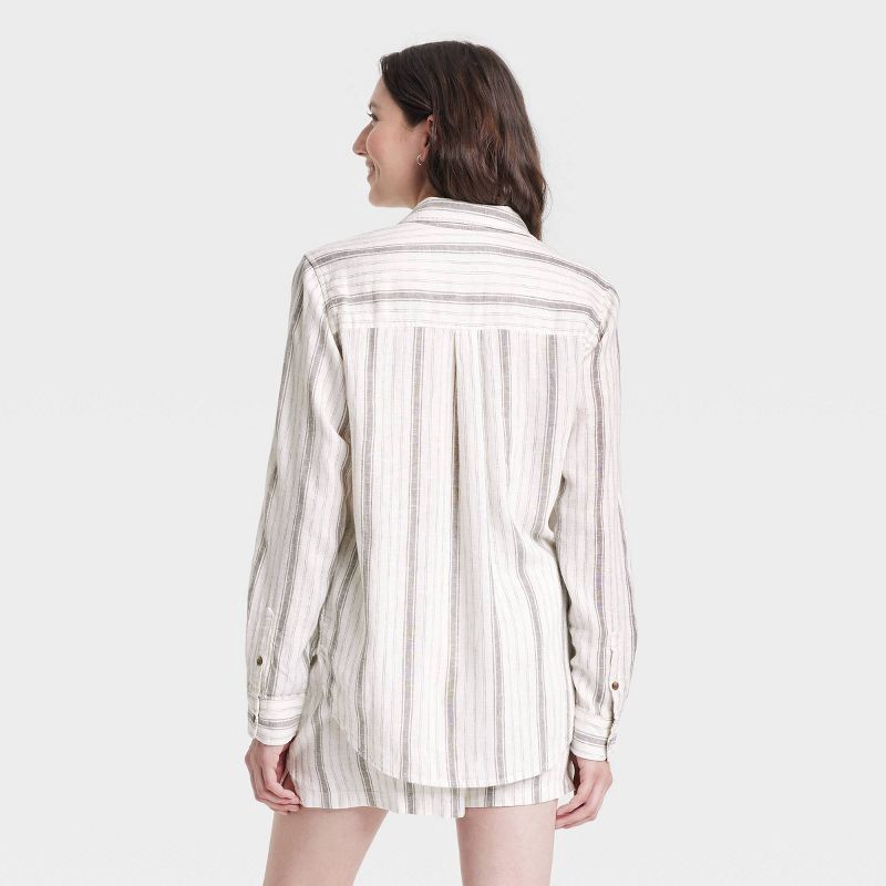 slide 3 of 3, Women's Long Sleeve Collared Linen Button-Down Shirt - Universal Thread™ Gray/White Striped M: Relaxed Fit, Midweight, 1 ct