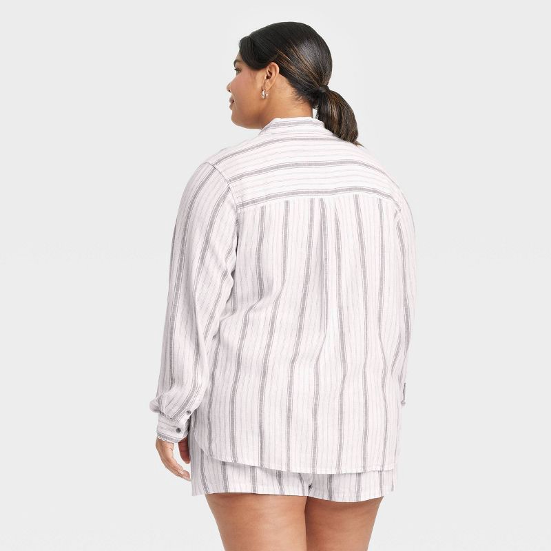 slide 2 of 3, Women's Long Sleeve Collared Linen Button-Down Shirt - Universal Thread™ Gray/White Striped XXL: Relaxed Fit, Midweight, Woven, 1 ct